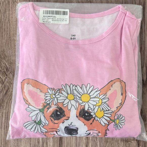 Pink Corgi Pajama Set with Cartoon Design and Daisies 3 Piece Set Size 8 - 9 Y - Picture 11 of 12